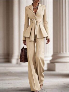 Elegant Cream Peplum Blazer with Pants Suit 
Size L.